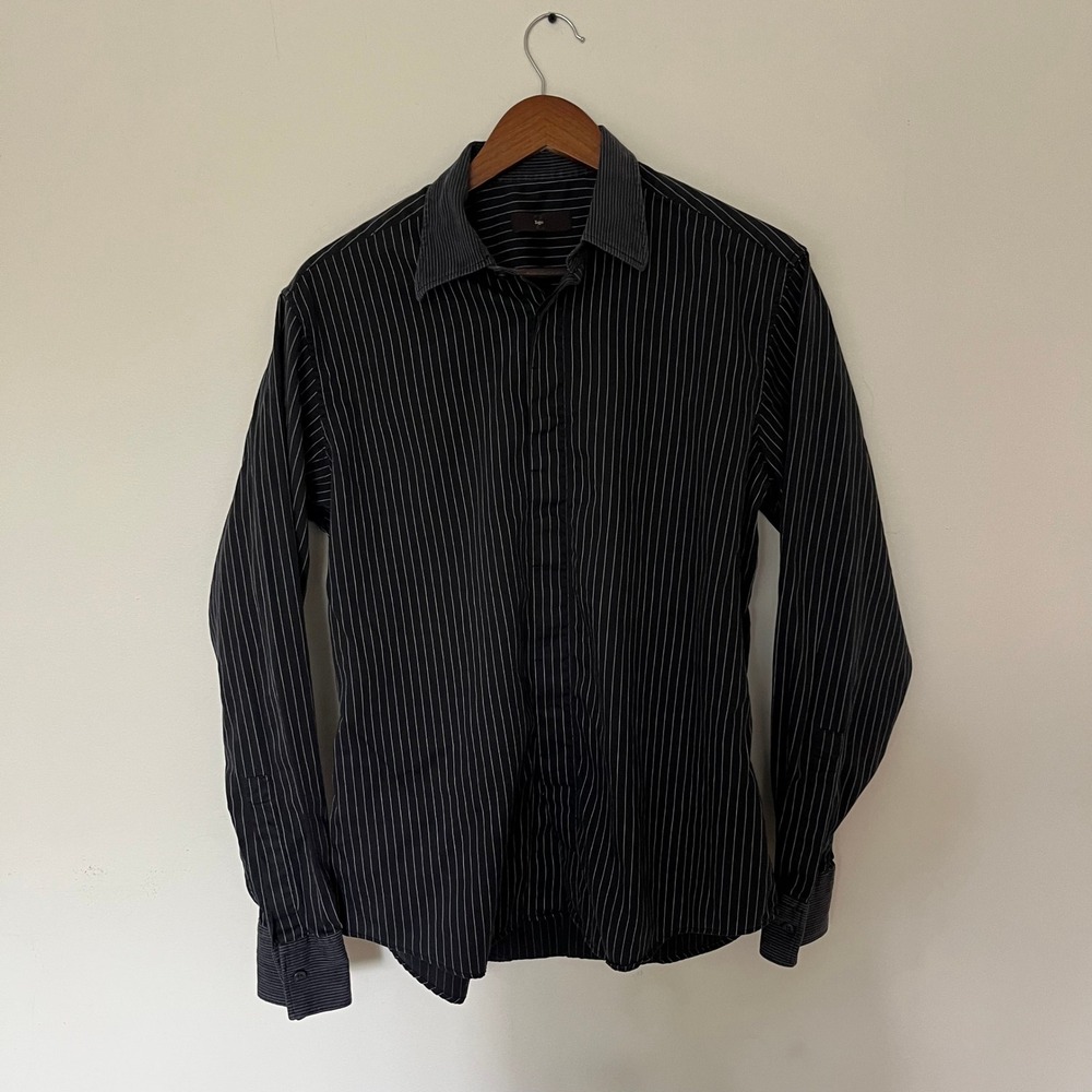 Z Zegna Mens Pinstripe Button Down Up Dress Shirt Black White Size 41